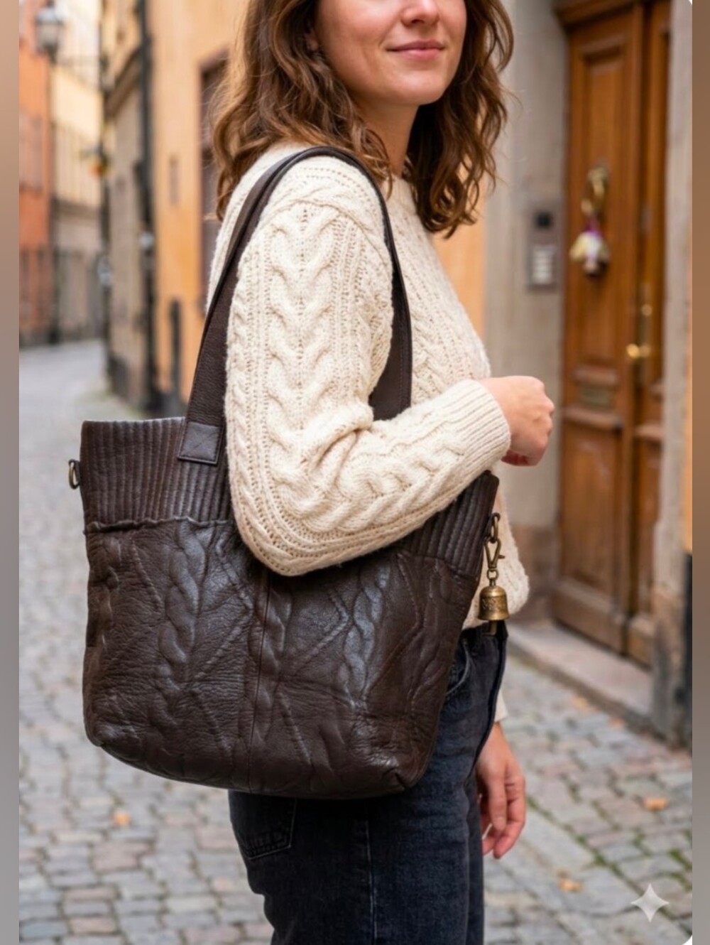 Shop LC Genuine Leather Cable Embossed Soft Maxi Tote Bag